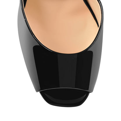 Peep Toe Black Patent Leather Stiletto High Heel Mules Sandals | Onlymaker Best Seller