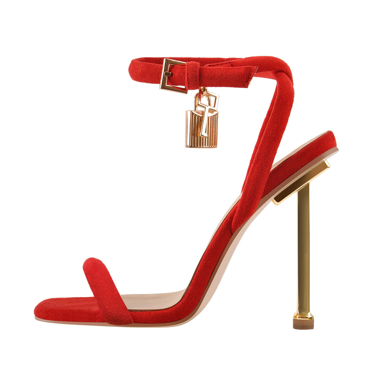Red Suede Ankle Strap Square Toe Stilettos Metal Heel Sandals | Onlymaker Best Price