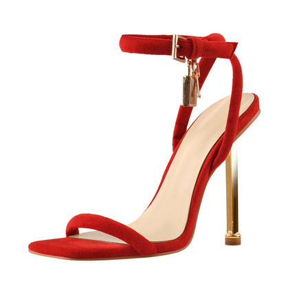 Red Suede Ankle Strap Square Toe Stilettos Metal Heel Sandals | Onlymaker Best Price
