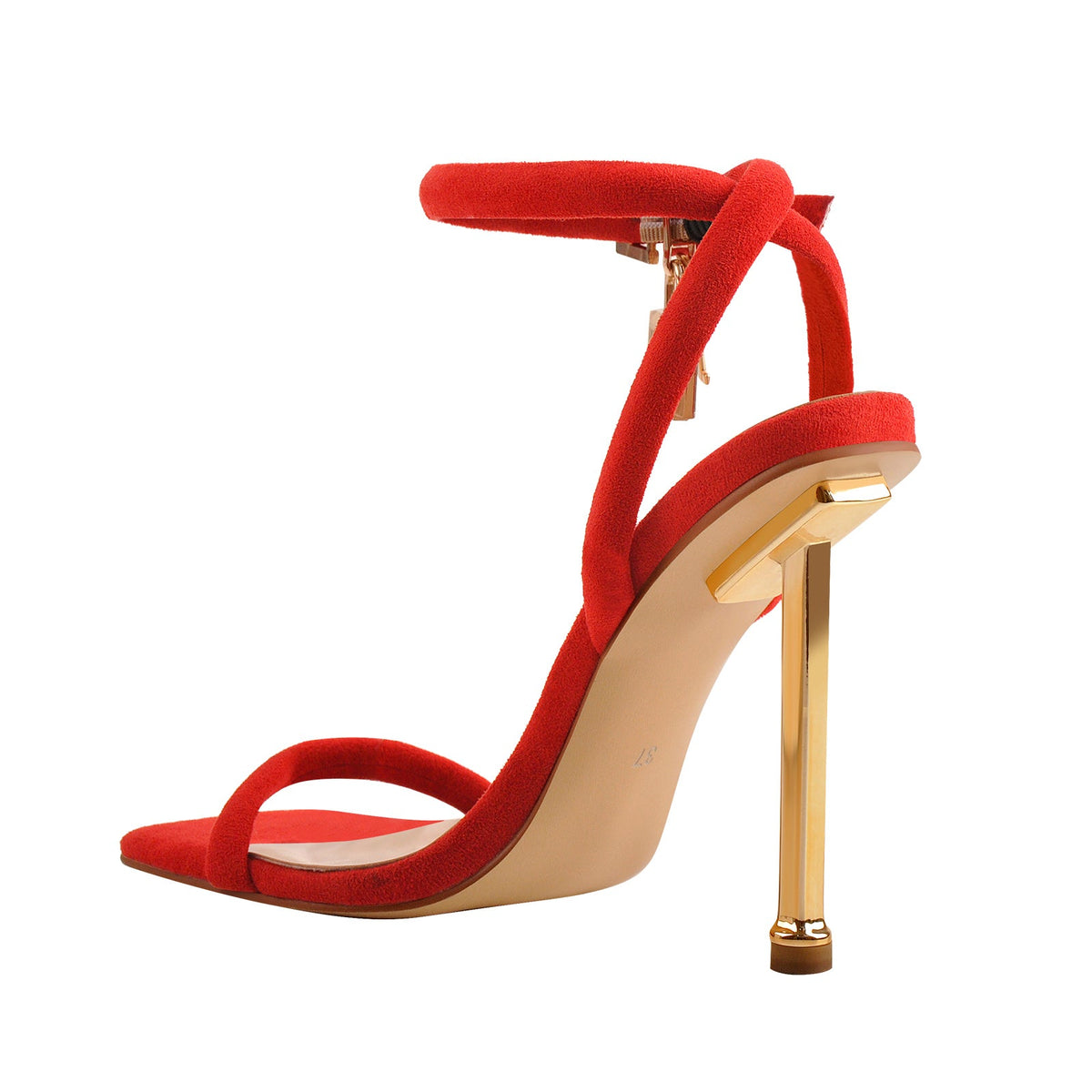 Red Suede Ankle Strap Square Toe Stilettos Metal Heel Sandals | Onlymaker Best Price