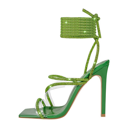 Rhinestone Straps Lace-up High Heel Sandals | Onlymaker Everyday