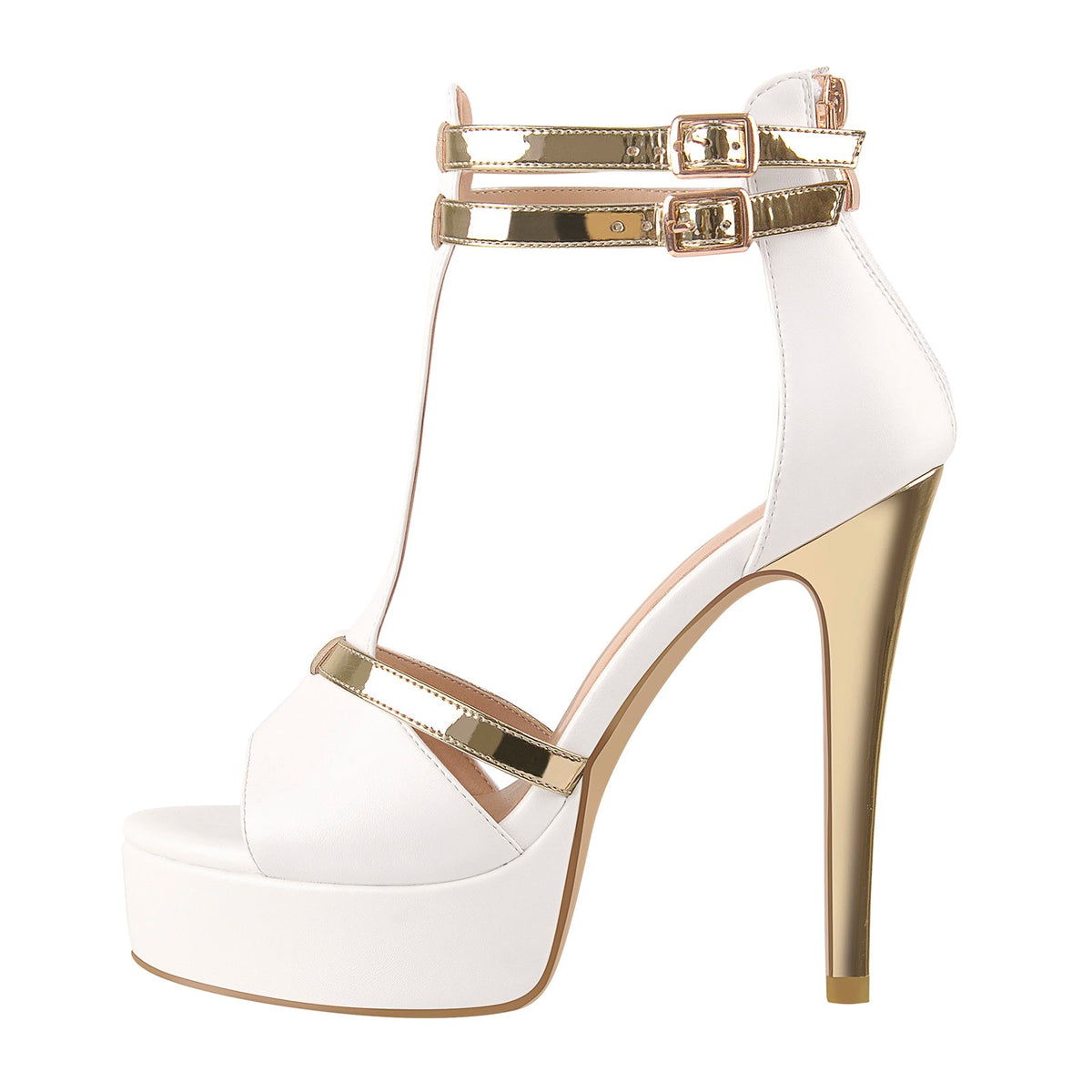 Gold T-Strap White Platform High Heel Sandals | Onlymaker Customer Favorite