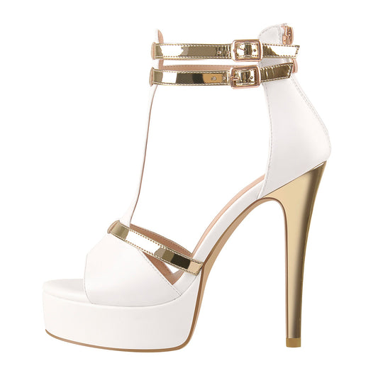 Gold T-Strap White Platform High Heel Sandals | Onlymaker Customer Favorite