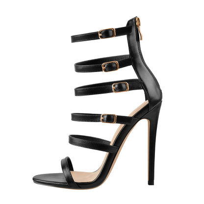 Black Gladiator Open Toe Zip High Heel Stiletto Sandals | Onlymaker Everyday
