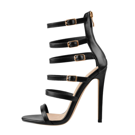 Black Gladiator Open Toe Zip High Heel Stiletto Sandals | Onlymaker Everyday