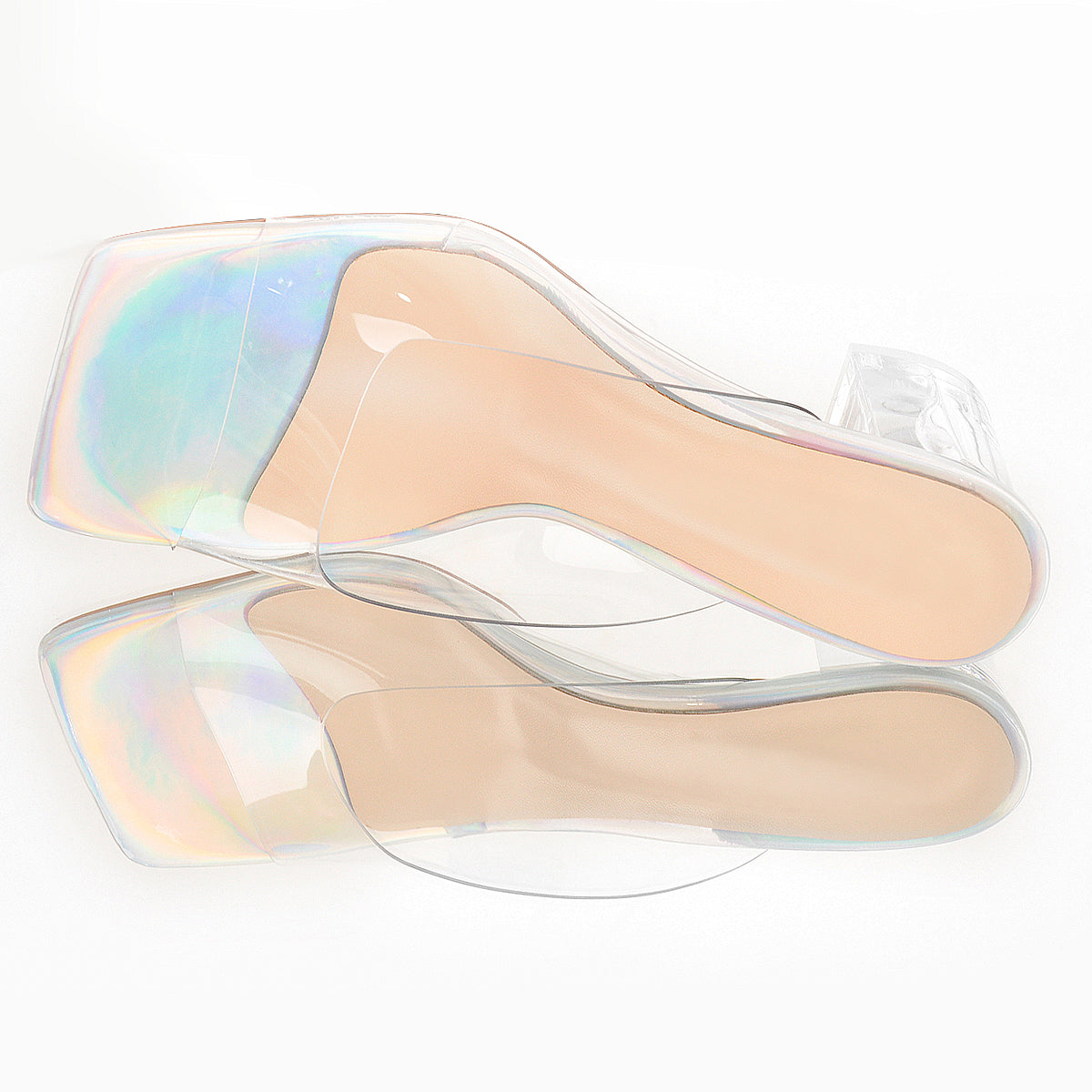Holographic Transparent Chunky Heel Square Toe Sandals Mules | Onlymaker Value