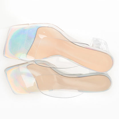 Holographic Transparent Chunky Heel Square Toe Sandals Mules | Onlymaker Value