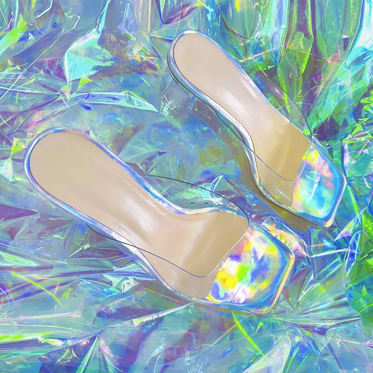 Holographic Transparent Chunky Heel Square Toe Sandals Mules | Onlymaker Value