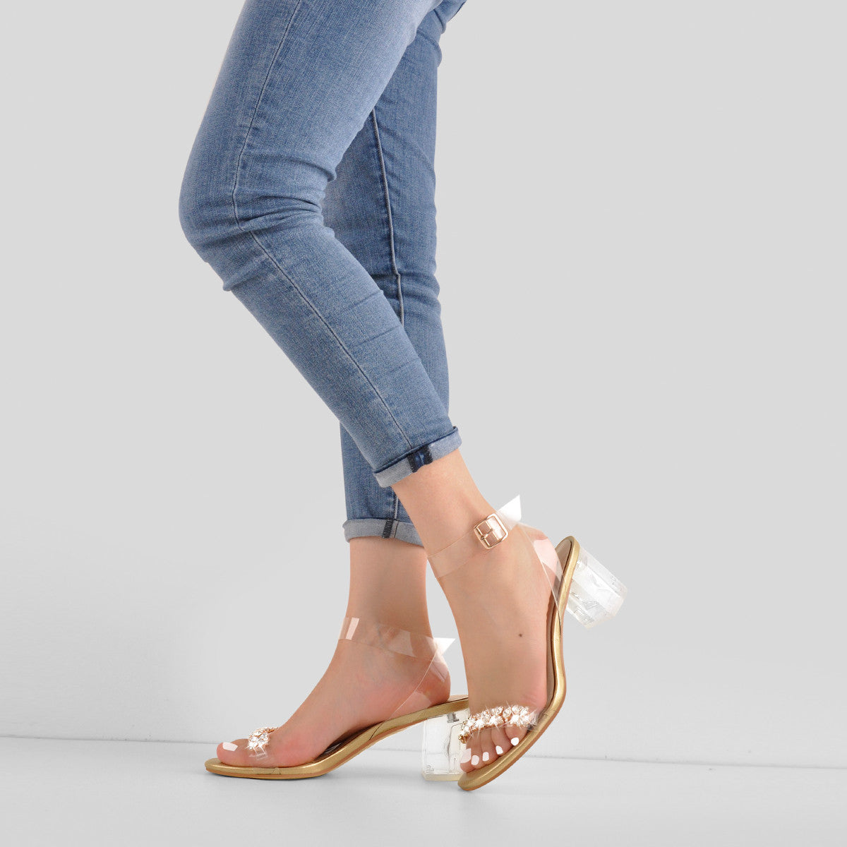 Ankle Clear Strap Rhinestone Transparent Perspex Heels Sandals | Onlymaker Signature