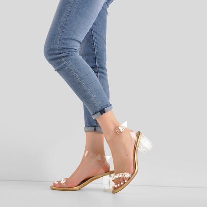 Ankle Clear Strap Rhinestone Transparent Perspex Heels Sandals | Onlymaker Signature