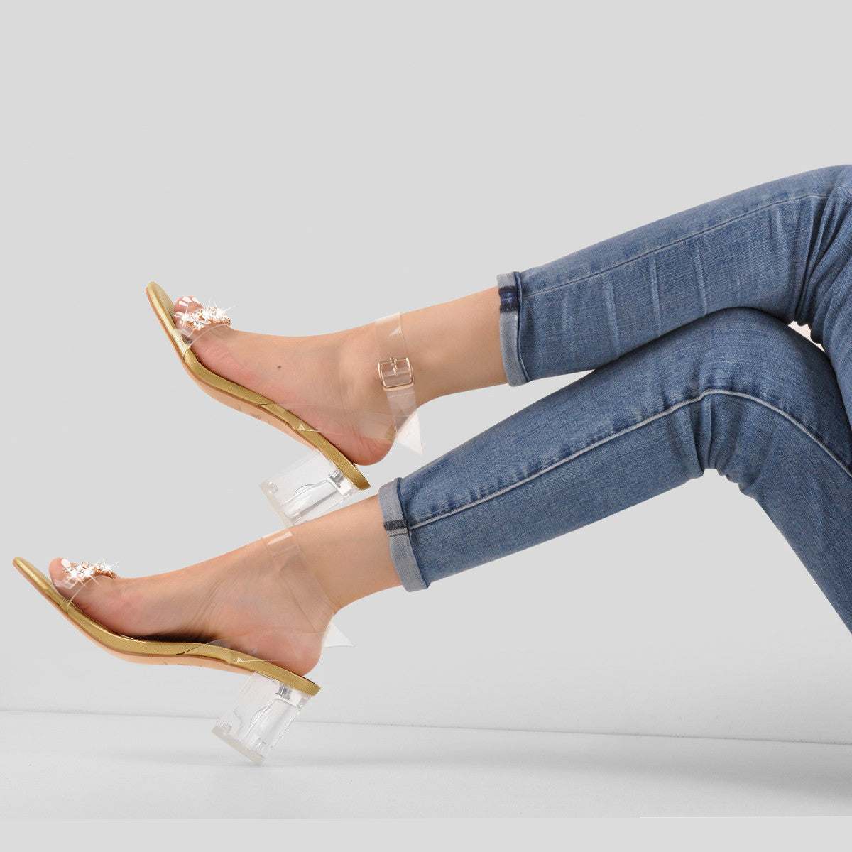 Ankle Clear Strap Rhinestone Transparent Perspex Heels Sandals | Onlymaker Signature