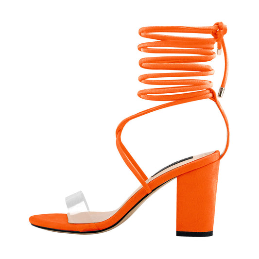 Chunky High Heel Orange Lace Up Sandals | Onlymaker Best Price