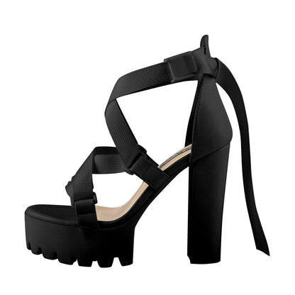 Open Toe Black Cross Strap Platform Block Heel Sandals | Onlymaker Value