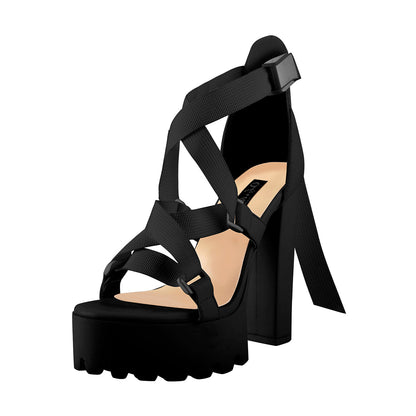 Open Toe Black Cross Strap Platform Block Heel Sandals | Onlymaker Value