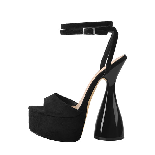 Black Suede Platform Ankle Strap High Heel Sandals | Onlymaker Featured