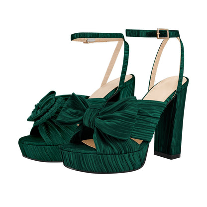 Platform Ankle Strap Pleated Bow Sandals | Onlymaker Exclusive