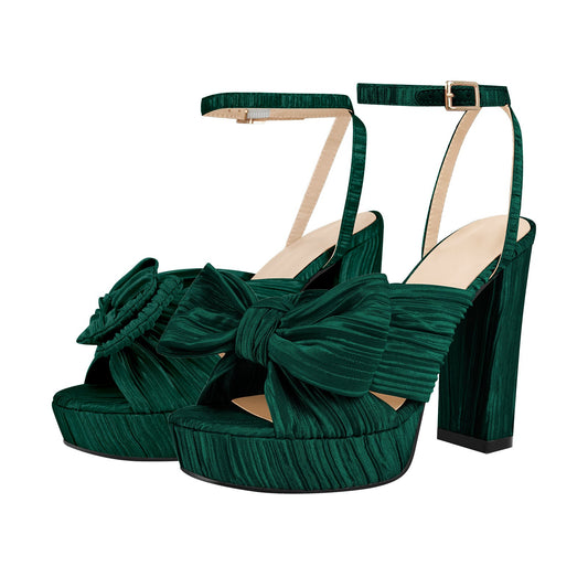 Platform Ankle Strap Pleated Bow Sandals | Onlymaker Exclusive