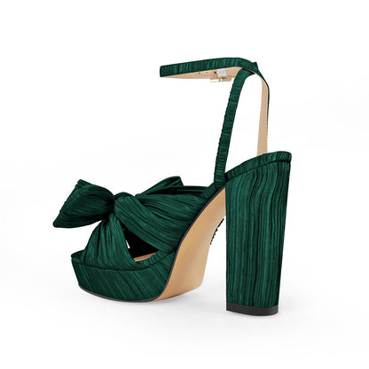 Platform Ankle Strap Pleated Bow Sandals | Onlymaker Exclusive