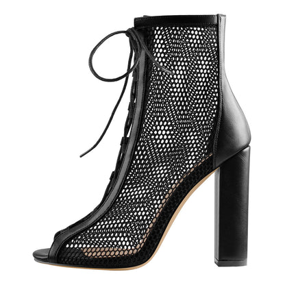 Chunky Heel Peep Toe Lace Up Mesh Ankle Booties Sandals | Onlymaker Customer Favorite