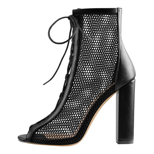 Chunky Heel Peep Toe Lace Up Mesh Ankle Booties Sandals | Onlymaker Customer Favorite