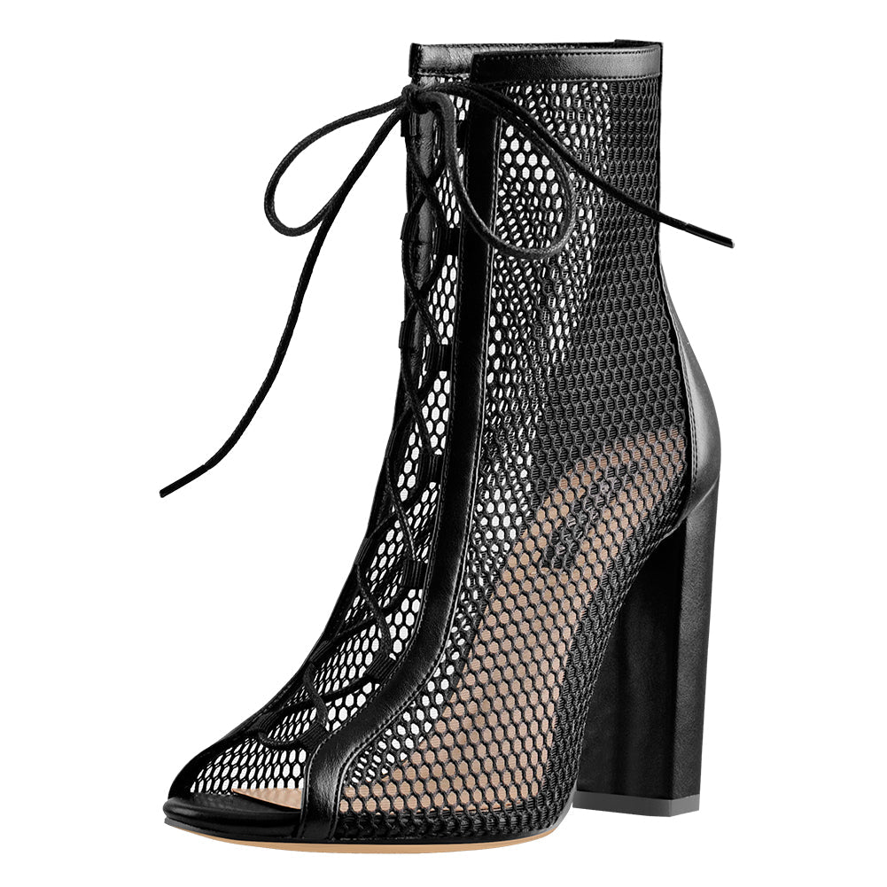 Chunky Heel Peep Toe Lace Up Mesh Ankle Booties Sandals | Onlymaker Customer Favorite