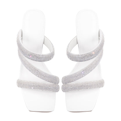 Rhinestone Strappy Slip on Chunky Heels Sandals | Onlymaker Great Value