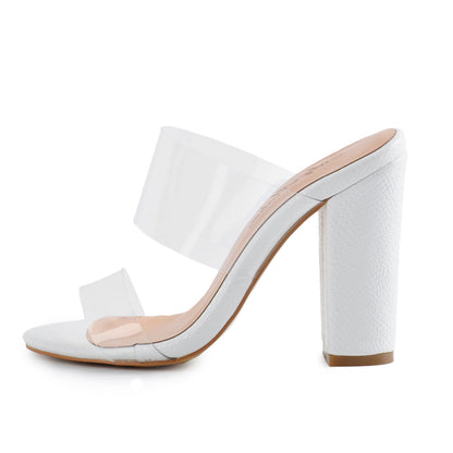 Clear Double Straps Snake Pattern Chunky Heels Mules | Onlymaker Great Value