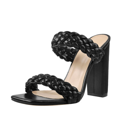Black Open Toe Chunky High Heel Mules Sandals | Onlymaker Quality