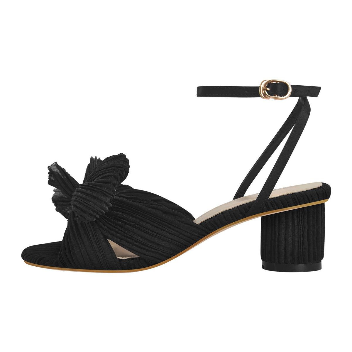 Pleated Bowknot Mid Chunky Heel Sandals | Onlymaker Exclusive