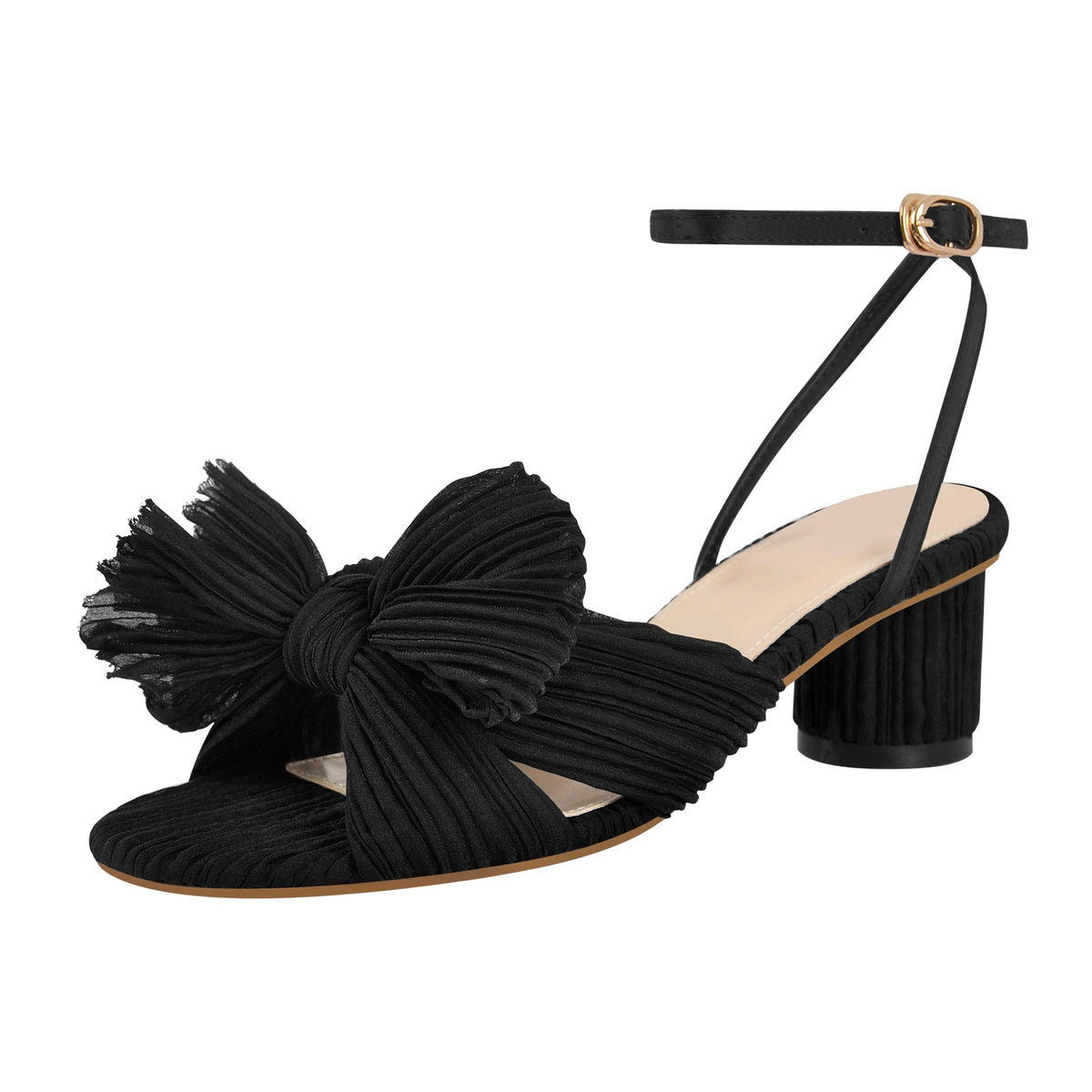 Pleated Bowknot Mid Chunky Heel Sandals | Onlymaker Exclusive