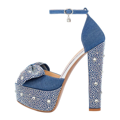Rhinestone Bow Peep Toe High Heel Sandals | Onlymaker Popular