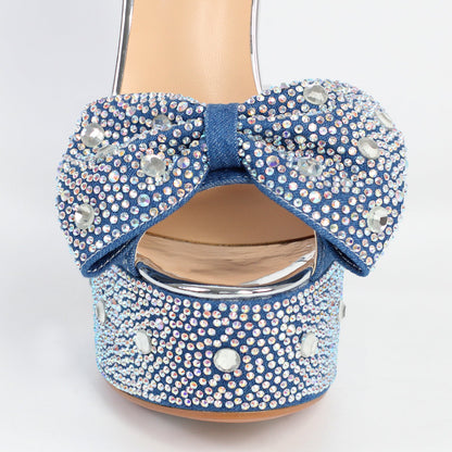 Rhinestone Bow Peep Toe High Heel Sandals | Onlymaker Popular