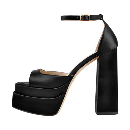 Double Platform Ankle Strap Chunky Heel Sandals | Onlymaker Best Price