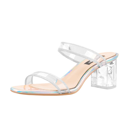 Holographic Slip-On Transparent Chunky Heels Mules | Onlymaker New