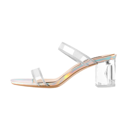Holographic Slip-On Transparent Chunky Heels Mules | Onlymaker New