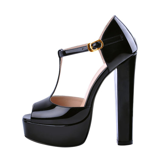 T Strap Peep Toe Platform Patent Chuncky High Heel Sandals | Onlymaker Top Pick