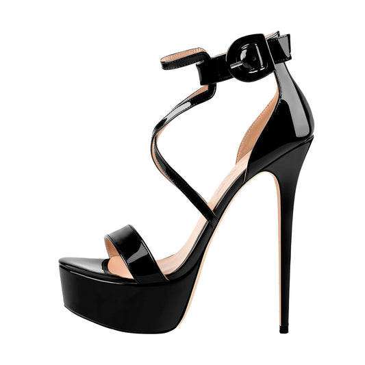 Patent Leather Platform Cross-tied Stiletto Sandals | Onlymaker Top Pick