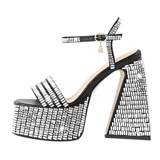 Rhinestone Square Toe Chunky Heel Platform Sandals | Onlymaker Recommended