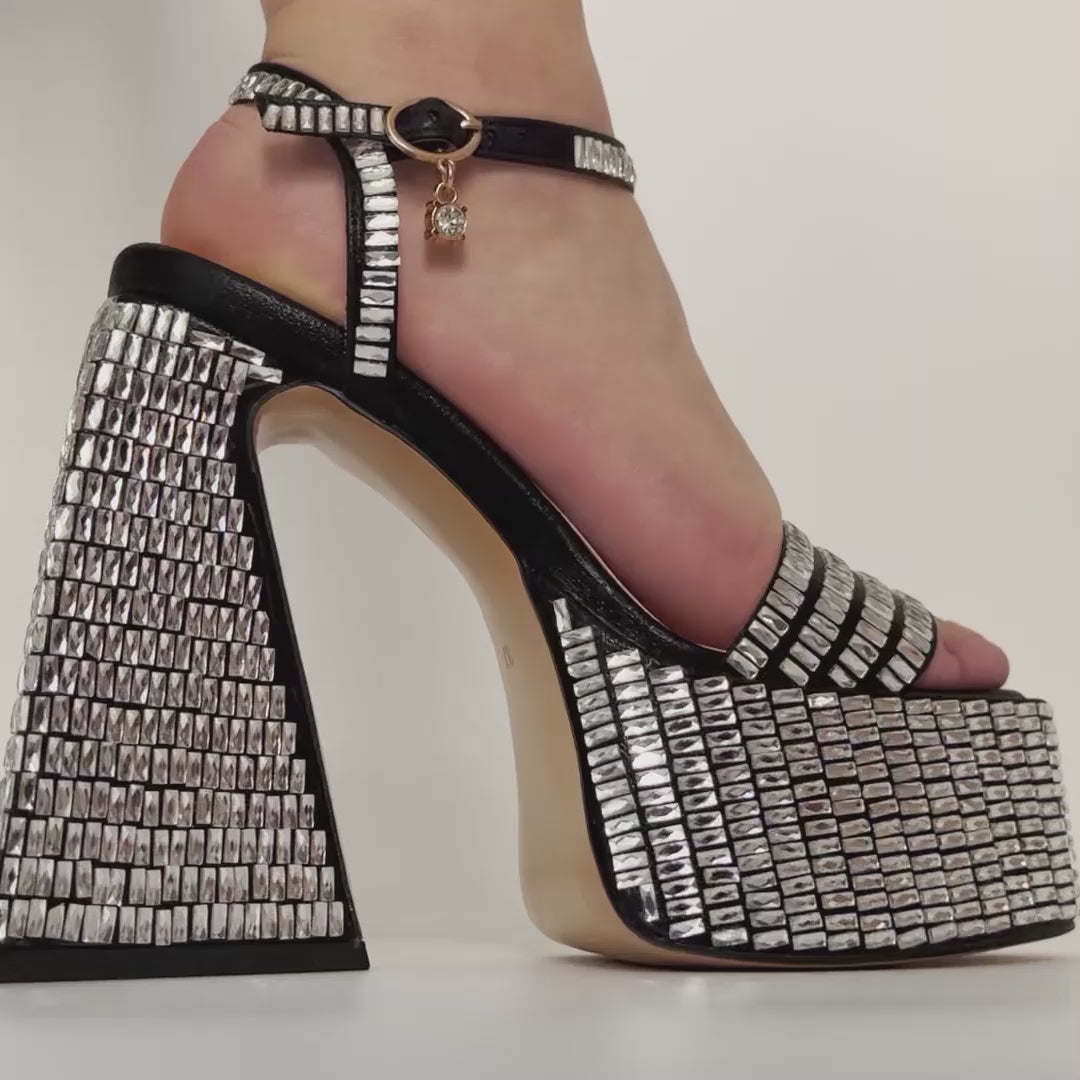 Rhinestone Square Toe Chunky Heel Platform Sandals | Onlymaker Recommended