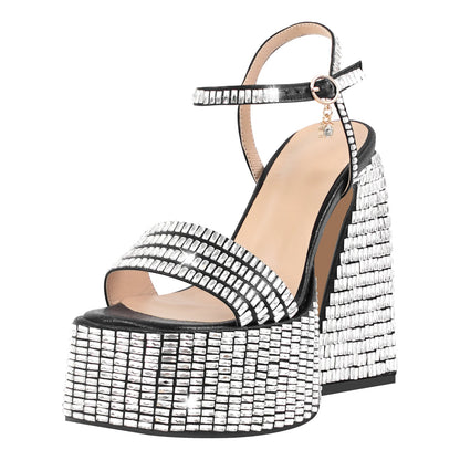 Rhinestone Square Toe Chunky Heel Platform Sandals | Onlymaker Recommended