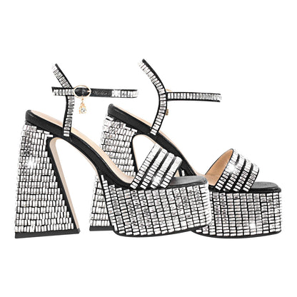 Rhinestone Square Toe Chunky Heel Platform Sandals | Onlymaker Recommended