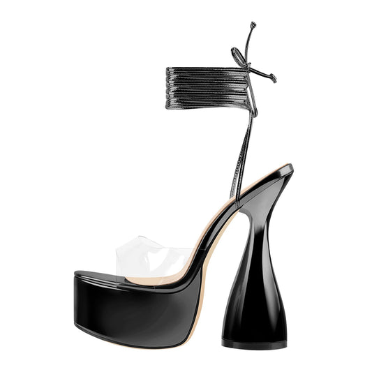 Black Platform Lace up Chunky High Heel Sandals | Onlymaker Latest