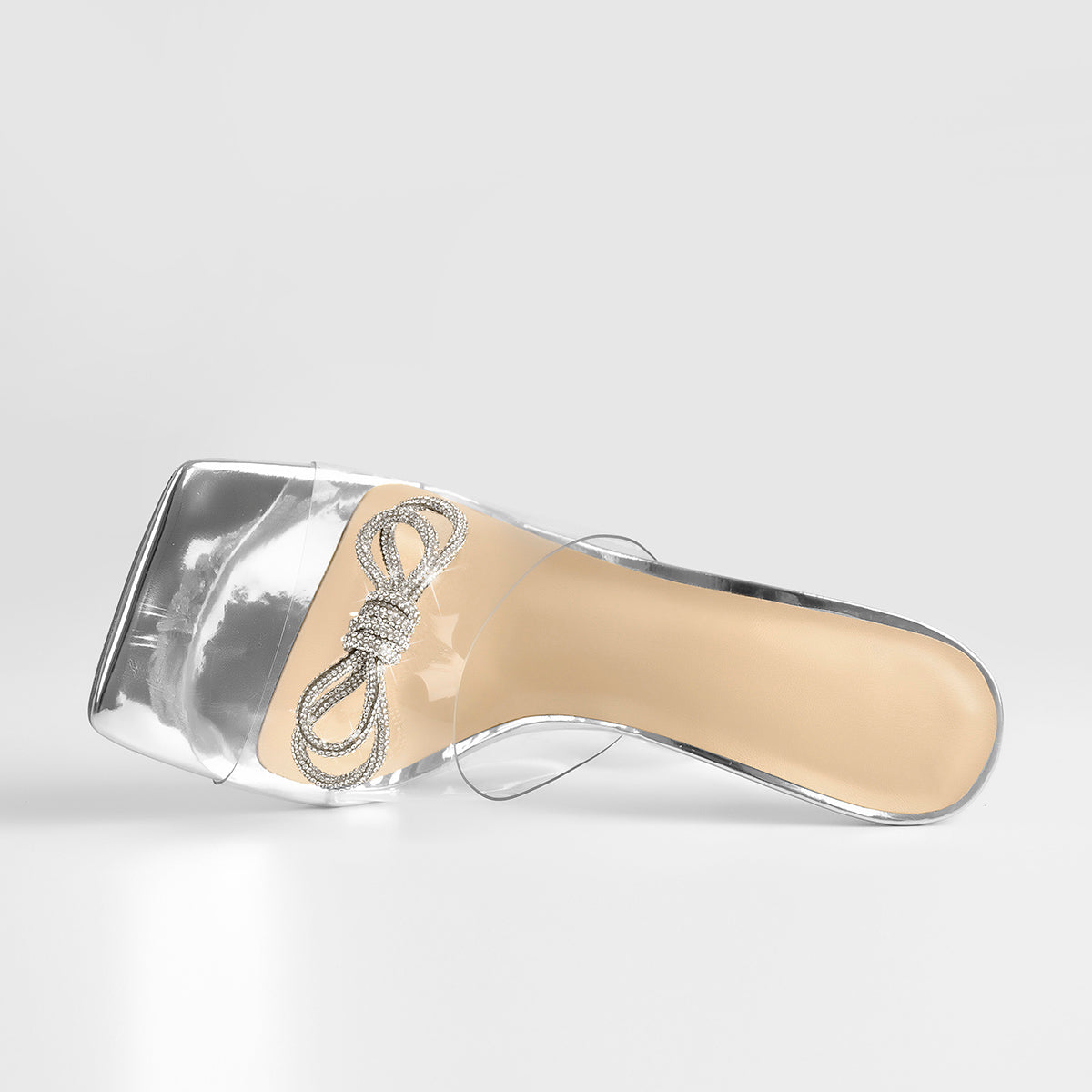 Silver Bow Transparent Clear High Heel Square Toe Sandals | Onlymaker Trending