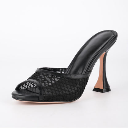 Round Toe Mesh Tapered Heel Mules | Onlymaker New