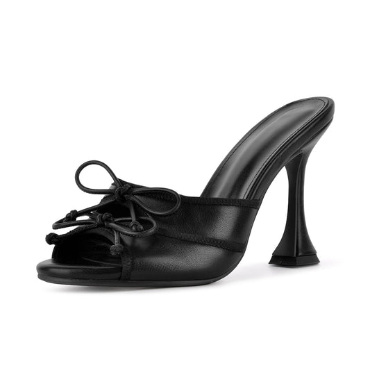 Round Toe Double Bow Tapered Heel Mules | Onlymaker Trending