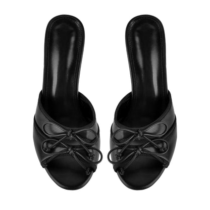 Round Toe Double Bow Tapered Heel Mules | Onlymaker Trending