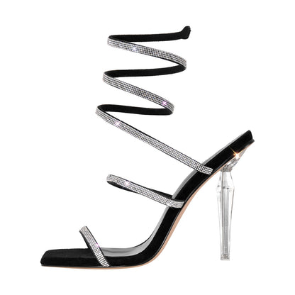 Square Toe Rhinestone Hollow Clear Heel Sandals | Onlymaker Customer Favorite