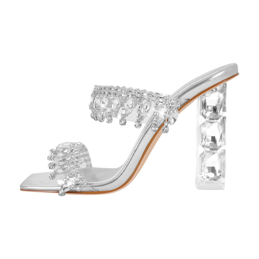 Silver Rhinestone Square Toe Clear Chunky Heel Sandals | Onlymaker Trending