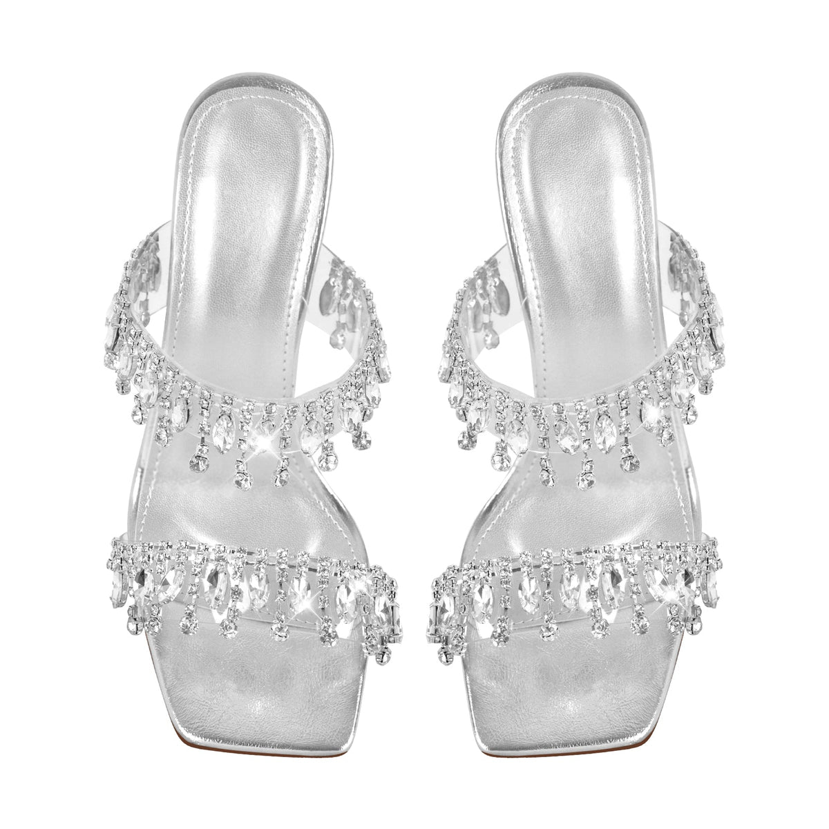 Silver Rhinestone Square Toe Clear Chunky Heel Sandals | Onlymaker Trending