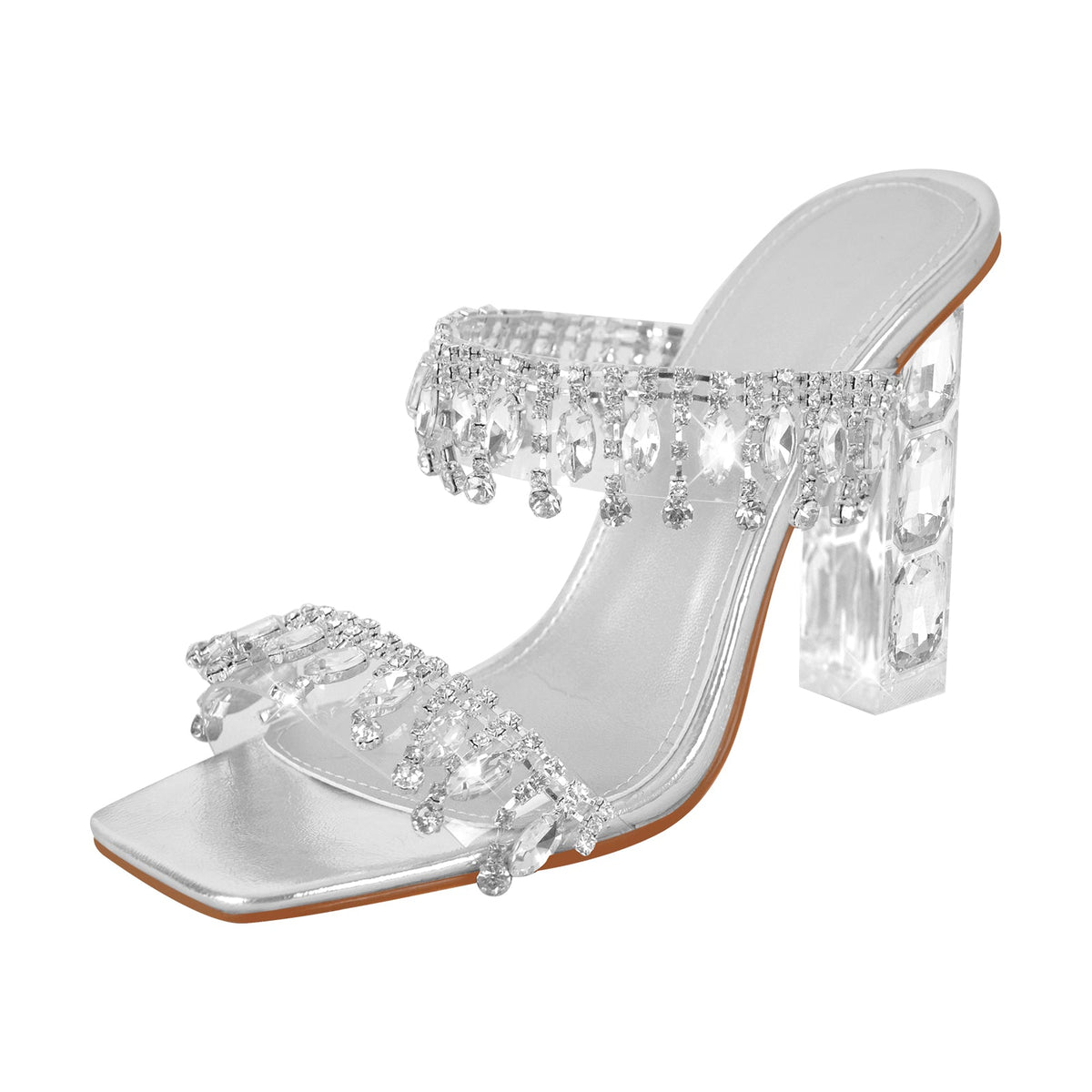 Silver Rhinestone Square Toe Clear Chunky Heel Sandals | Onlymaker Trending